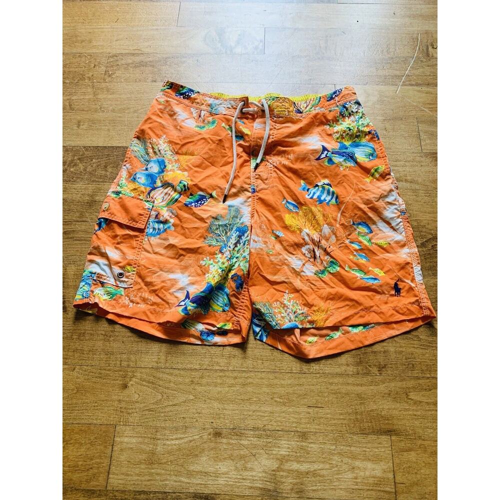 Polo Ralph Lauren Swim Trunks Mens Medium Orange Sailboat Palm Boat Fishing